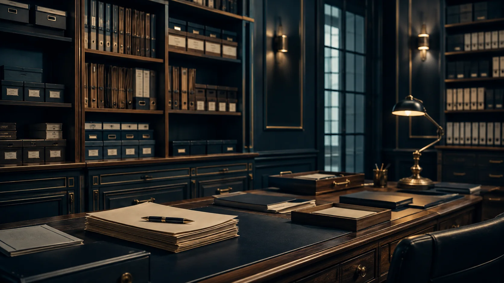Archivo y expedientes jurídicos en oficina elegante